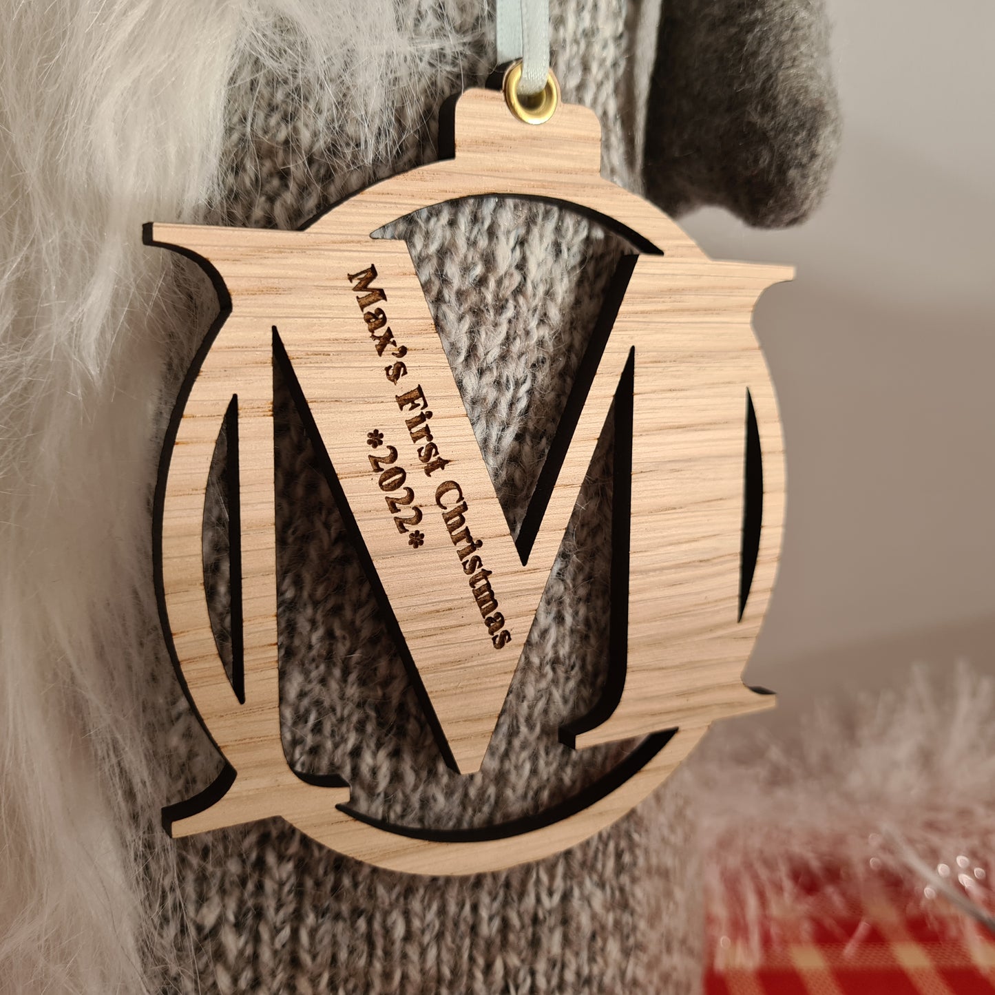 First Christmas Engraved Oak Letter Christmas Bauble