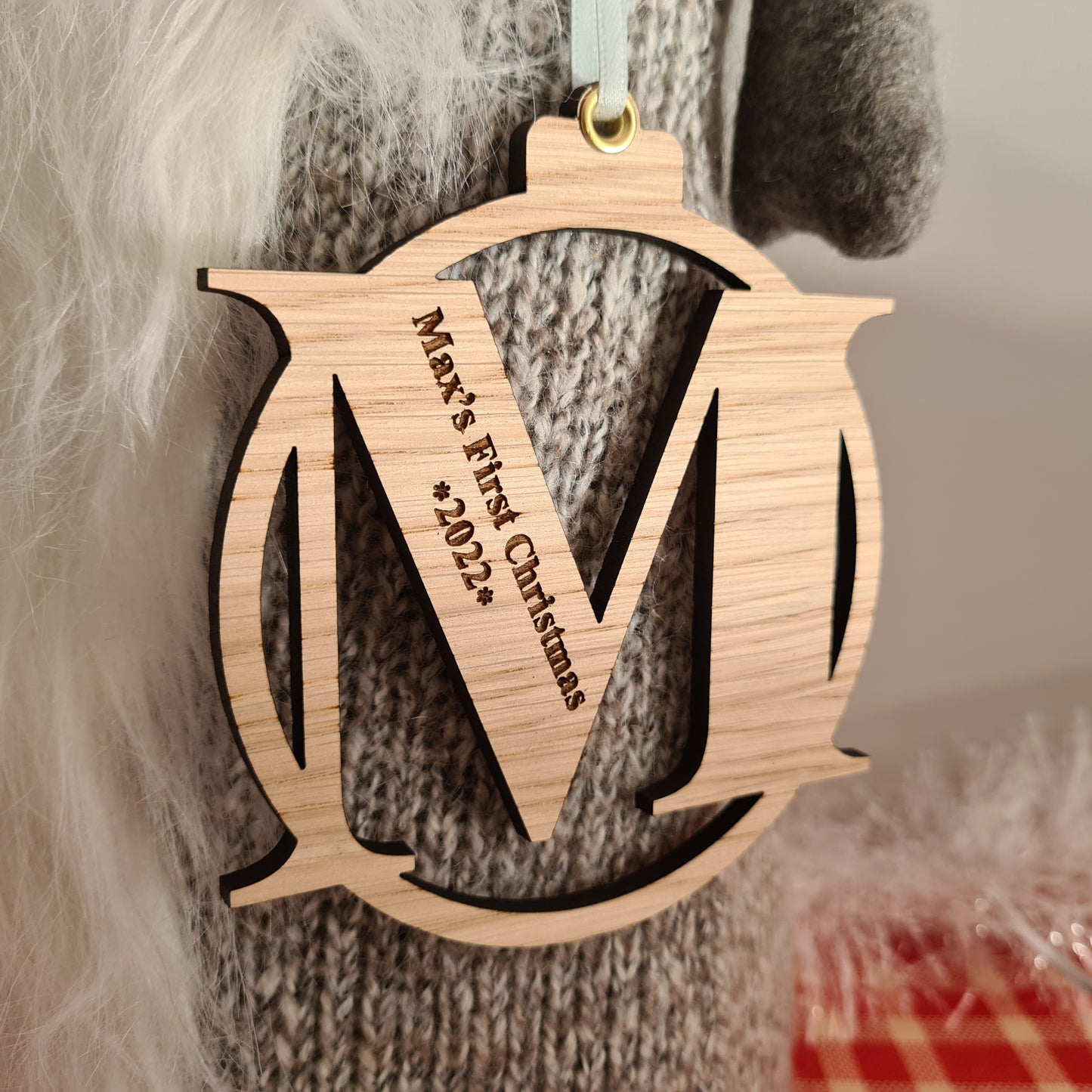 First Christmas Engraved Oak Letter Christmas Bauble