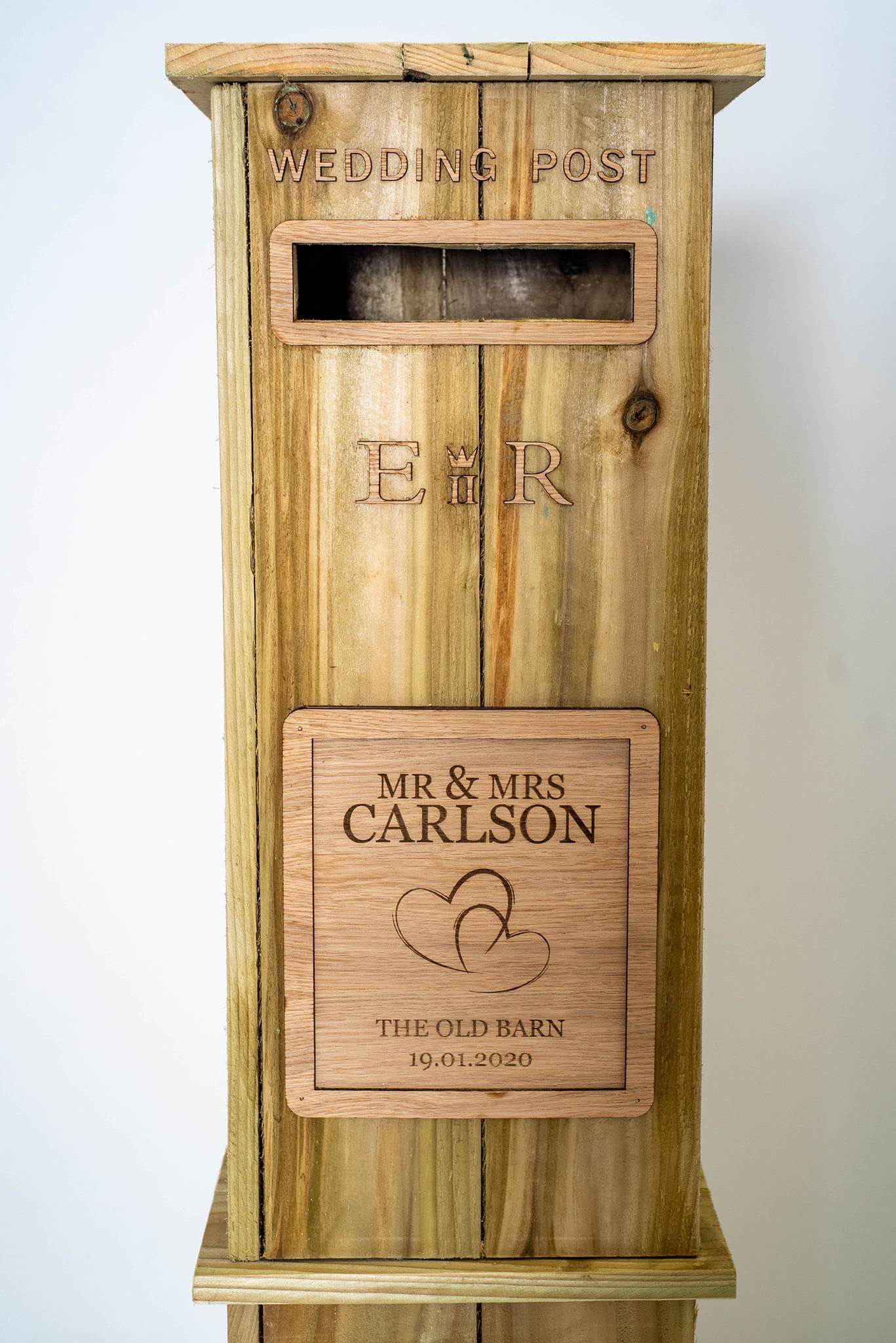 Rustic Solid Wooden Wedding Post Box - Personalised Engraved Plaque Available