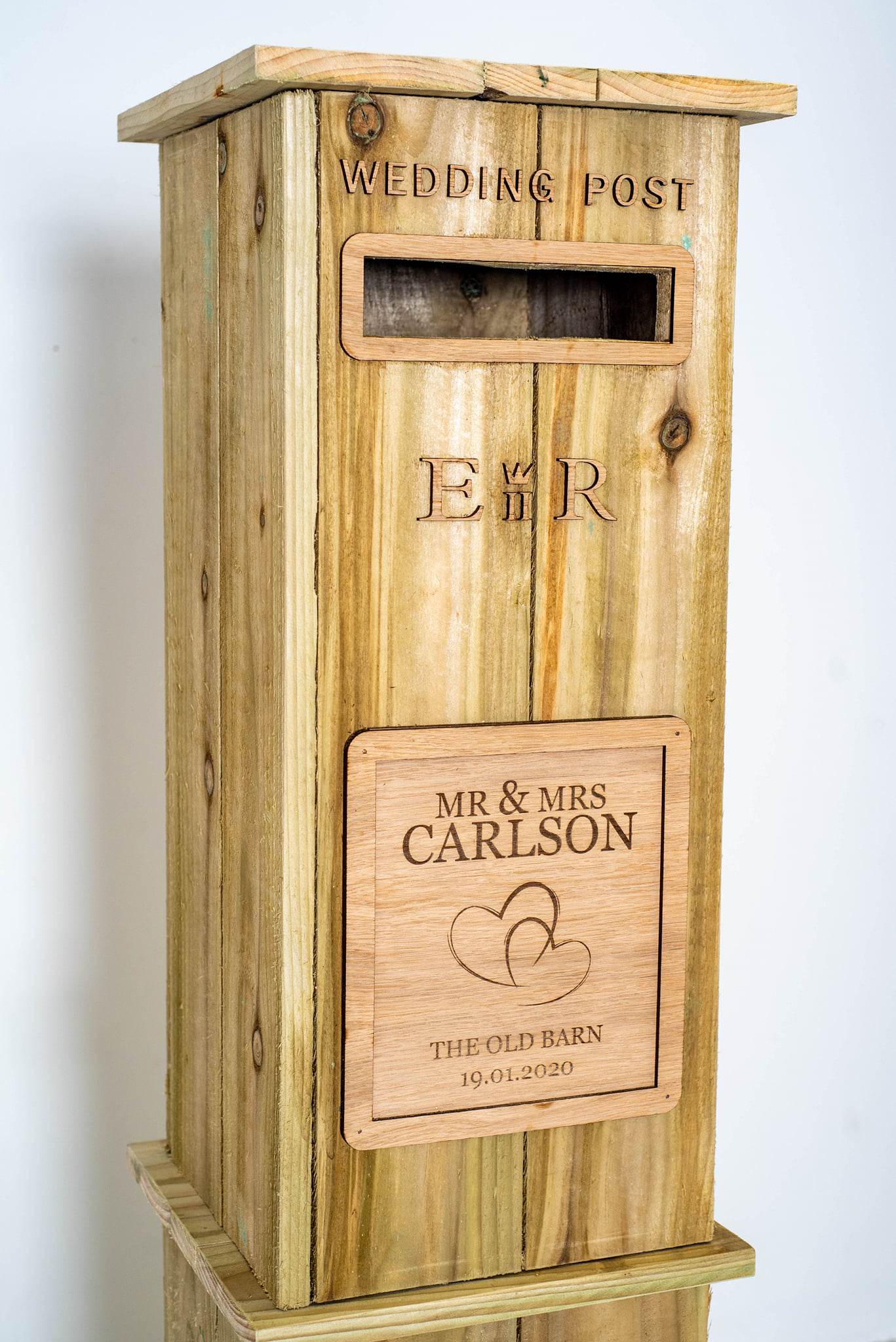 Rustic Solid Wooden Wedding Post Box - Personalised Engraved Plaque Available